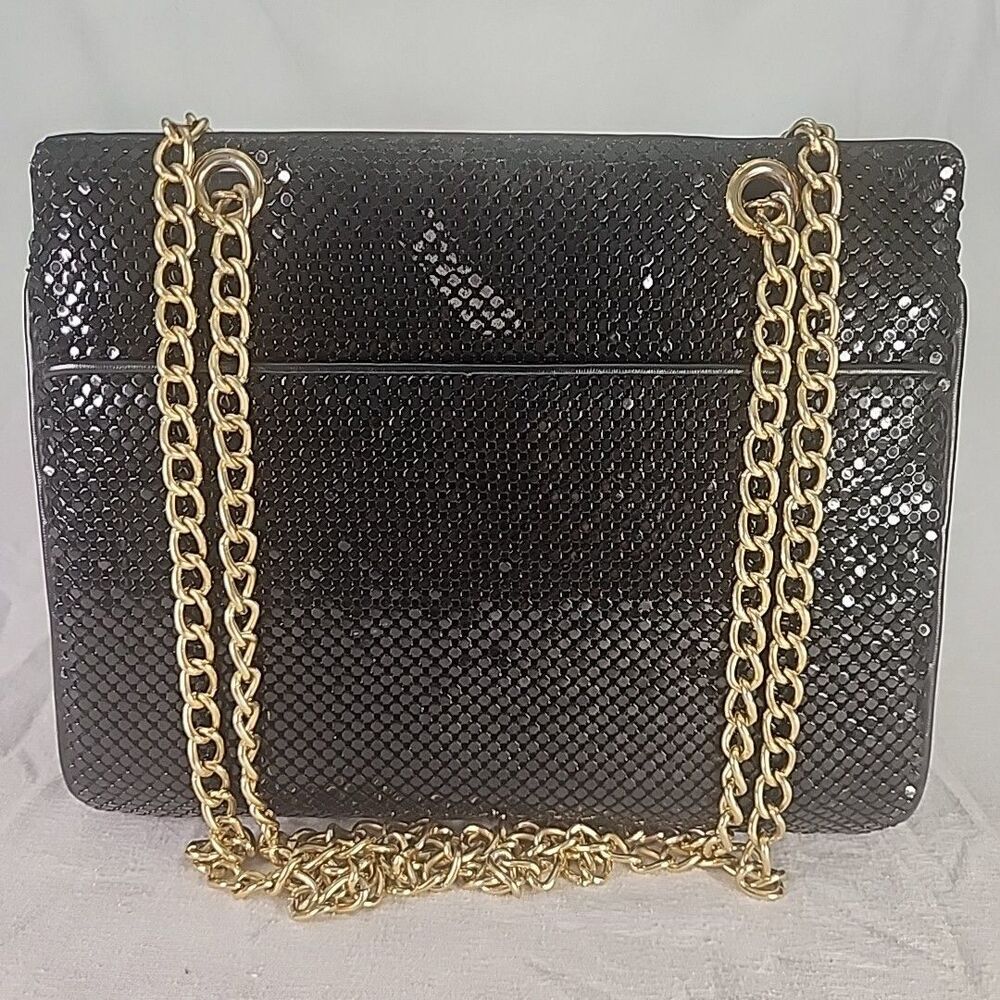 Purse Whiting & Davis International Black Liquid Metal Mesh Bag Gold Chain 70s